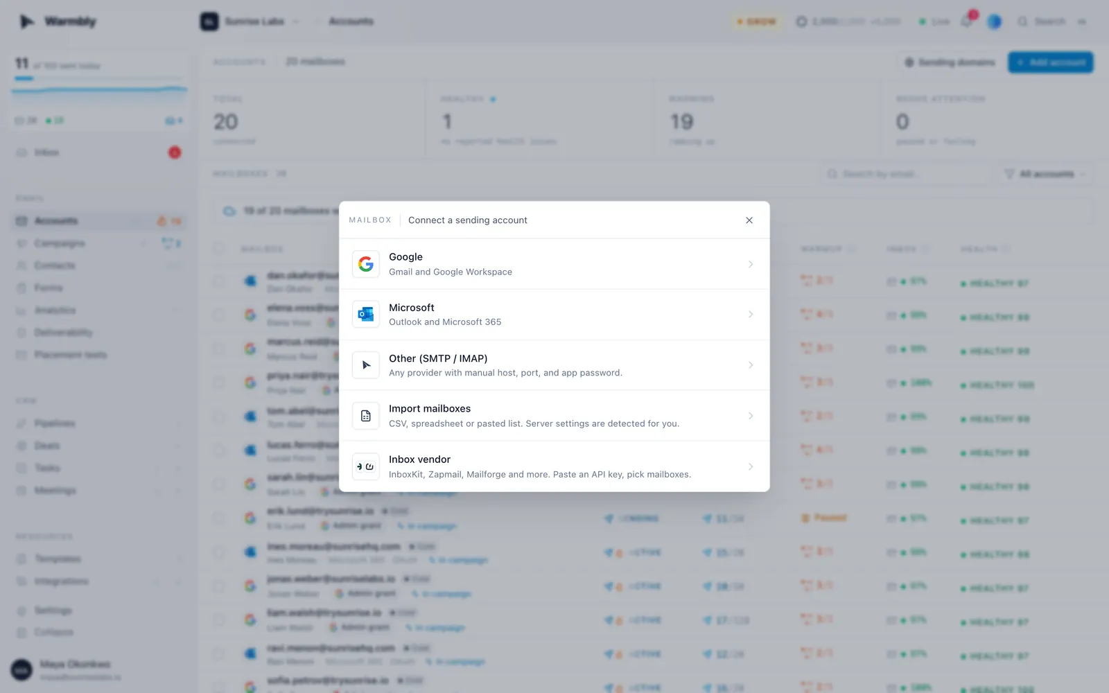 Add account: Google, Microsoft, any SMTP and IMAP host, a file import, or an inbox vendor