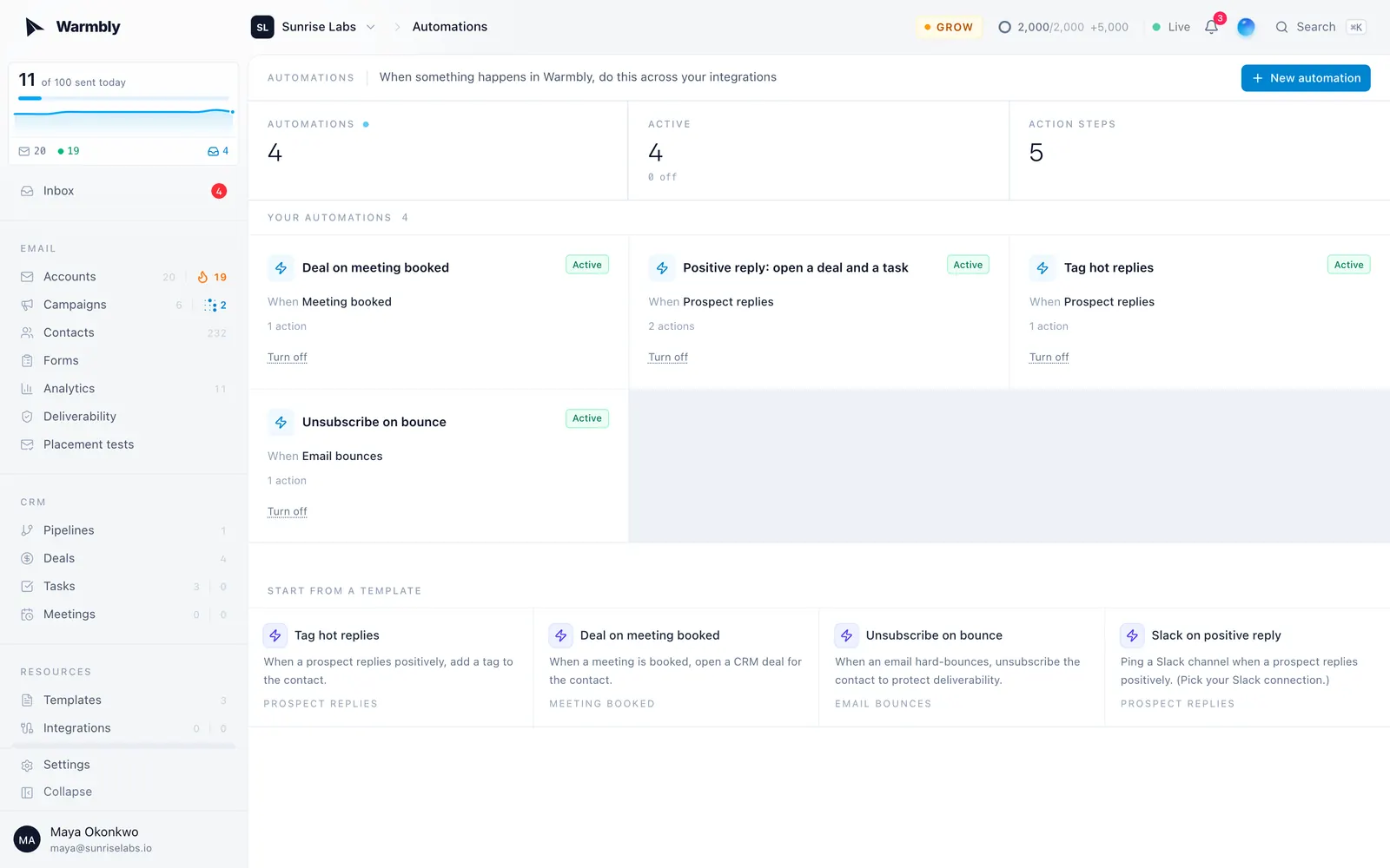 The automations list, with starting templates underneath