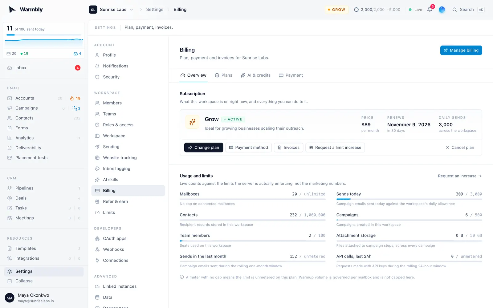 Settings > Billing: the plan card, usage against limits, and the subscription actions
